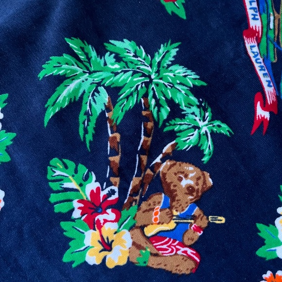 POLO RALPH LAUREN Hawaiian Polo Bear Beach Towel Navy Blue Green - Picture 8 of 12